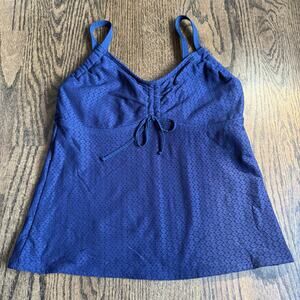 Lands End Womens Navy Blue Eyelet Ruched Underwire Tankini Swim Suit Top Size 8D